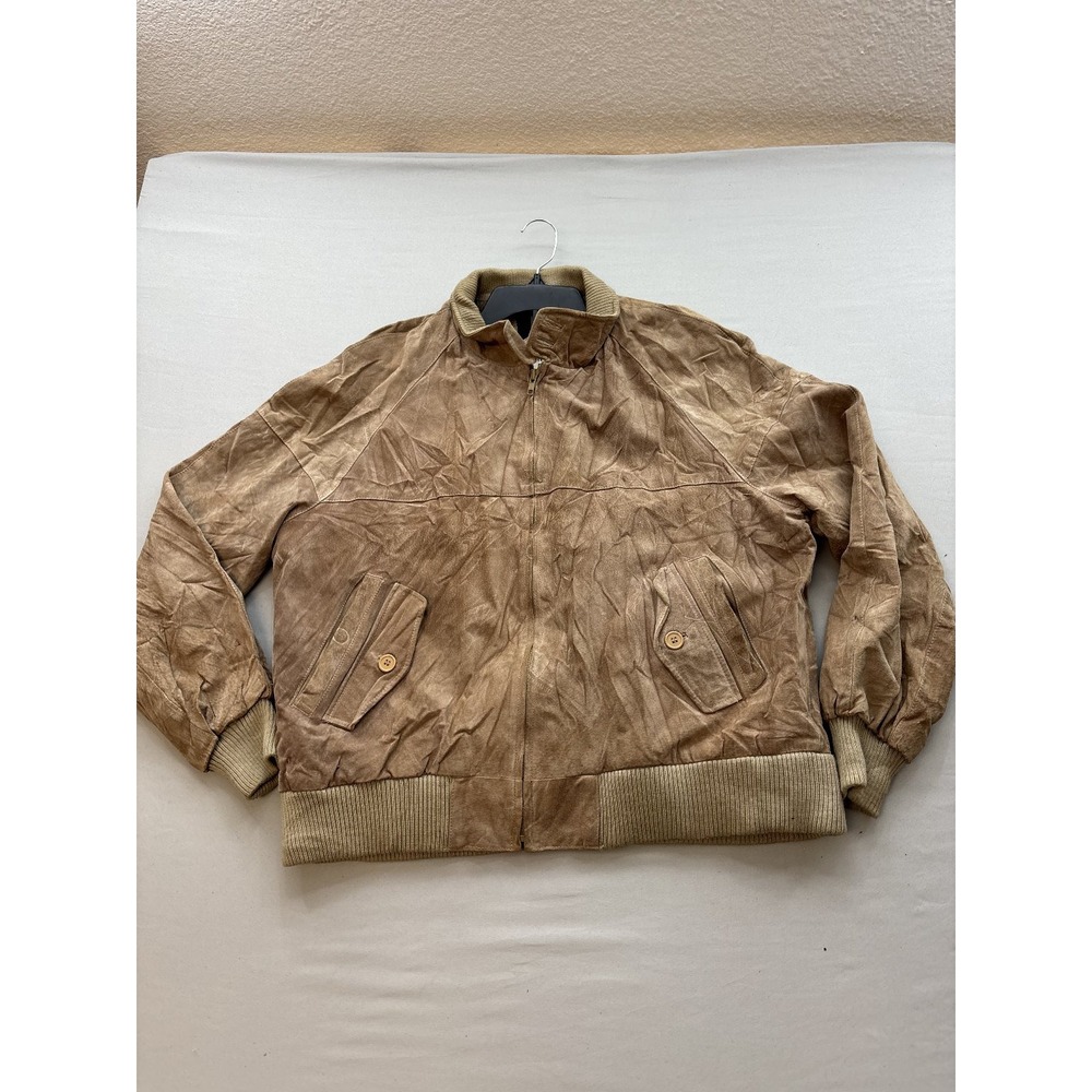 New Order Mens Tan Suede Bomber Jacket Full Zip Plaid Lined Harrington RN 74188
